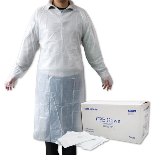 CPE 멸균가운 safe&amp;clean 방문자 가운 비닐 가운 M/L 50개 박스  일회용 가운 일회용 앞치마